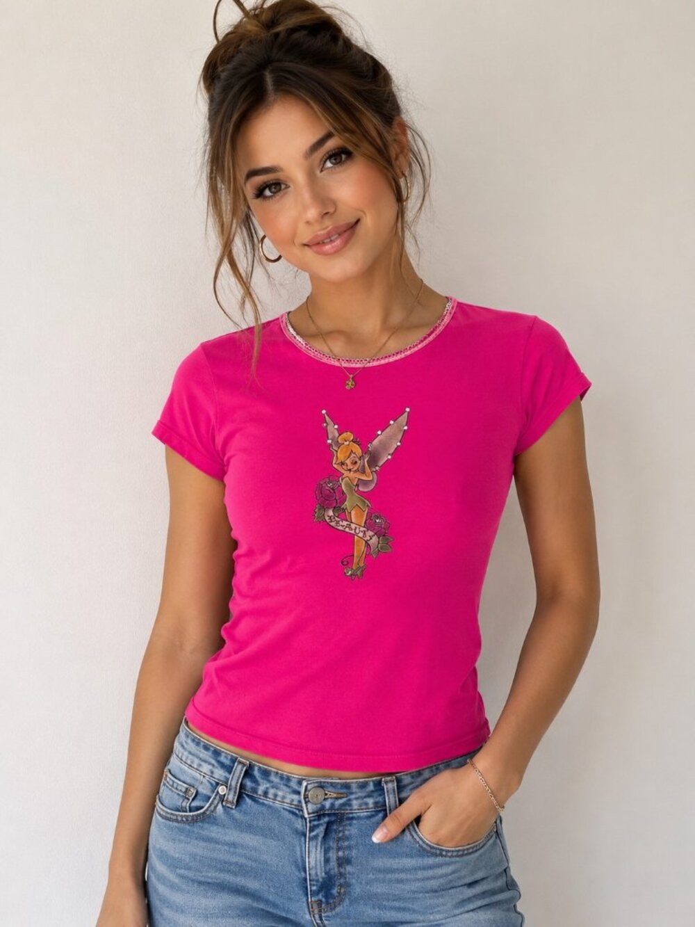 Disney Vintage Tinker Bell Rhinestone Graphic Tee Pink Vintage Girls Size M